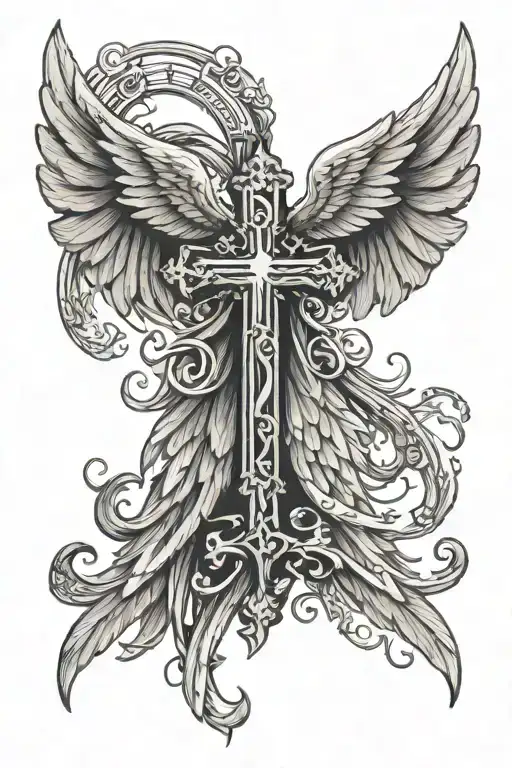 angel wing left side catholic cross in the middle and devil wing on the right side  tattoo design idea
