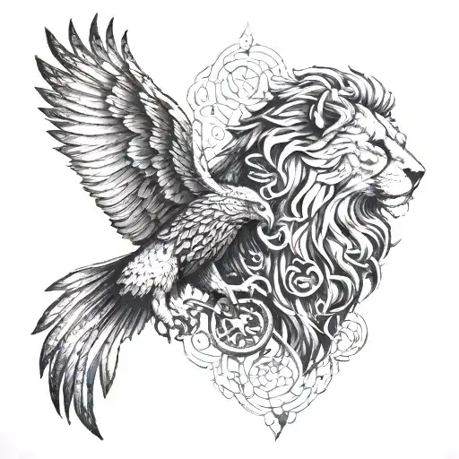 A tattoo of a majestic eagle and a fierce lion facing each other, representing the balance of power and strength tattoo design idea