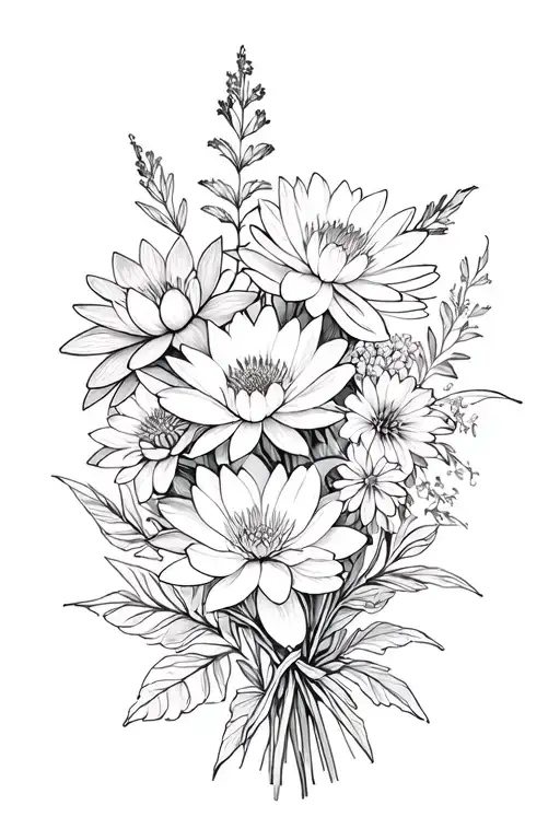 larkspur, water lily, marigold, cosmos, chrysanthemum, peony bouquet tattoo design idea