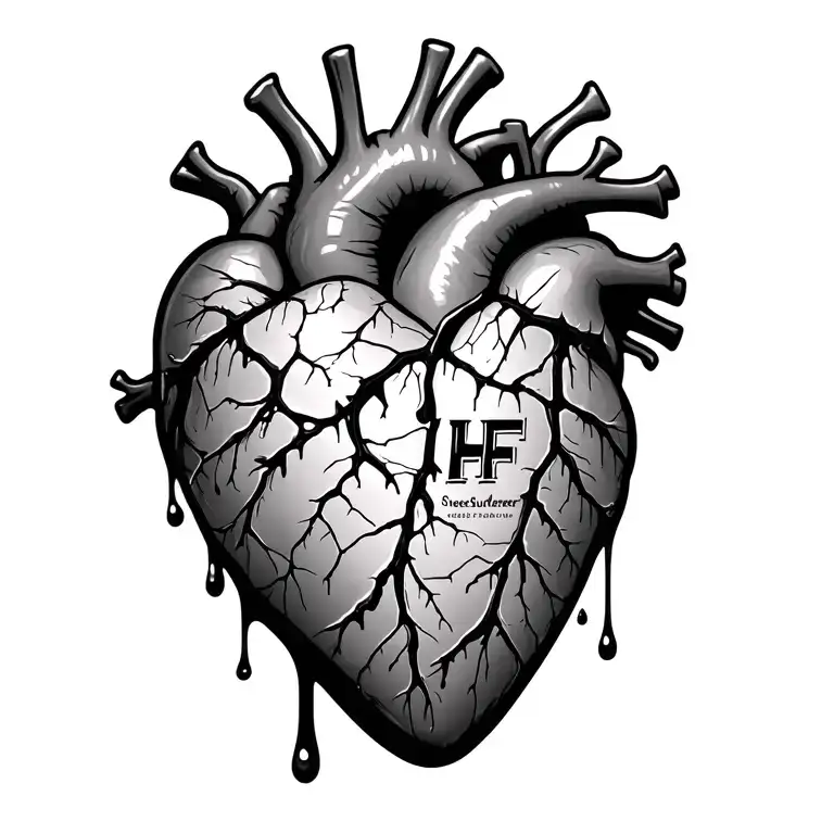 human heart with cracks, HF chemical sign carved into left side, dripping acid, handwritten text sweet surrender above tattoo design idea