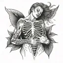 woman with guts and rib cage exposed heart seen with rays coming out of chest tattoo design idea