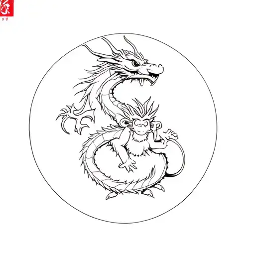 chinese zodiac dragon and monkey in one continuos fine line tattoo design idea