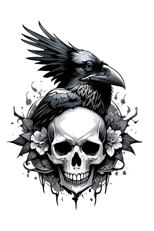 raven and skull tattoo design idea