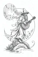 a musical wizard with braided hair standing on a hill with music notes flying around  tattoo design idea