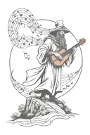 a musical wizard with braided hair standing on a hill with music notes flying around  tattoo design idea