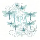 Papa in cursive with blue dragonflies tattoo design idea