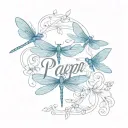 Papa in cursive with blue dragonflies tattoo design idea