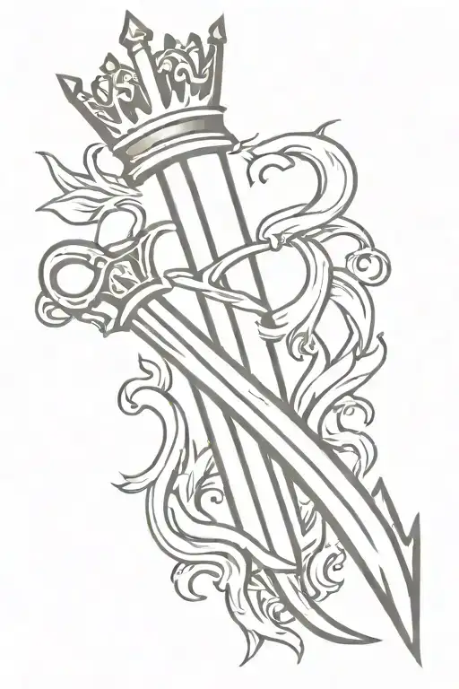 flaming sword and crown tattoo design idea