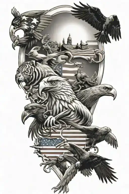 A patriotic sleeve tattoo showcasing Puerto Rican and American animals in a black-grey style, with each animal symbolizing a different aspect of the Marine Veteran's life tattoo design idea