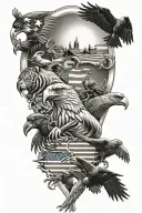 A patriotic sleeve tattoo showcasing Puerto Rican and American animals in a black-grey style, with each animal symbolizing a different aspect of the Marine Veteran's life tattoo design idea