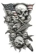 A patriotic sleeve tattoo showcasing Puerto Rican and American animals in a black-grey style, with each animal symbolizing a different aspect of the Marine Veteran's life tattoo design idea