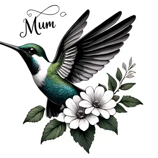 humming bird with open wings with flowers wrapped with name mum tattoo design idea