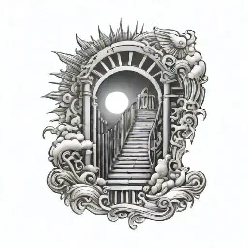 shoulder tattoo. Sun rise with gate to heaven and stairs to the gate. with words below the stairs tattoo design idea
