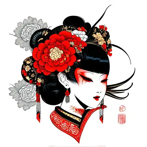 namakubi severed head geisha with borneo tribal through her cheek tattoo design idea