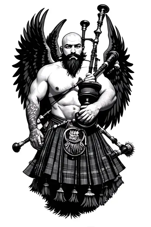 legless shirtless muscular bagpiper bald black beard playing bagpipes huge black wings tattoo design idea