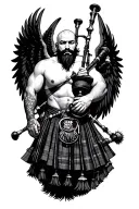 legless shirtless muscular bagpiper bald black beard playing bagpipes huge black wings tattoo design idea