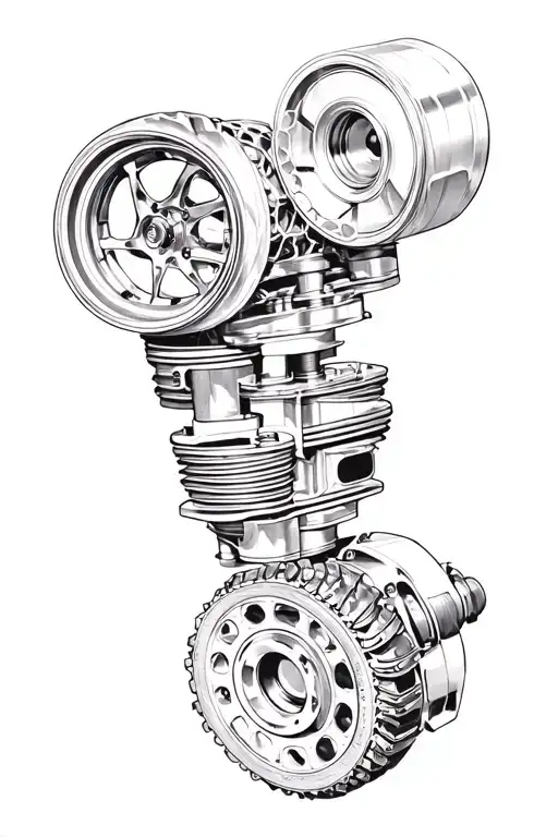 left side car wheel, turbo from car in the middle, on the right engine pistons, compose it together but easily tattoo design idea