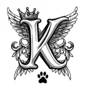 cursive k with crown angel wings and paw print tattoo design idea