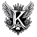 cursive k with crown angel wings and paw print tattoo design idea