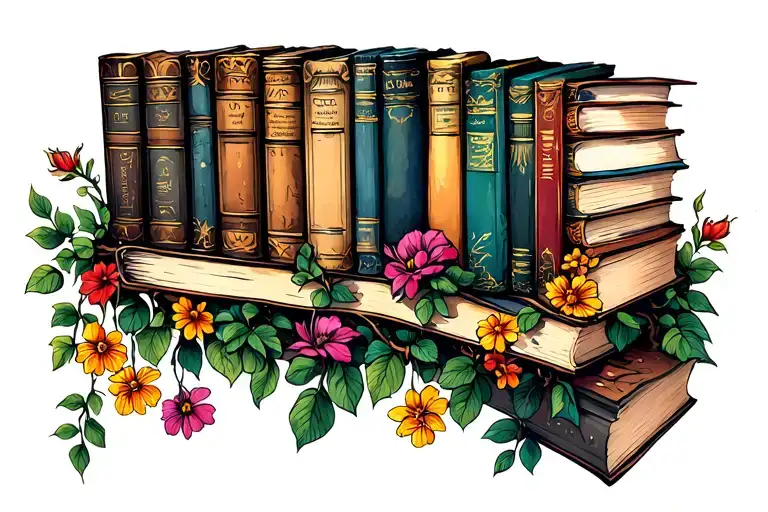 a range old books standing horizontal , some flowers flowervine hanging down on the underside  colorfull tattoo design idea