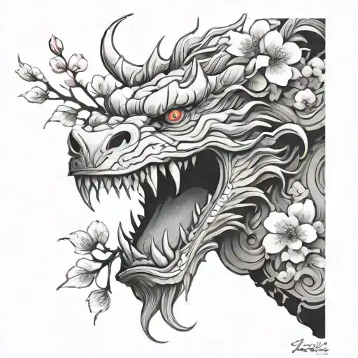 leo and fun with Japanese cherry blossoms and dragon  tattoo design idea