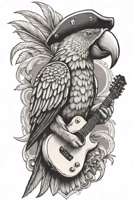 parrot pirate hat and playing guitar tattoo design idea