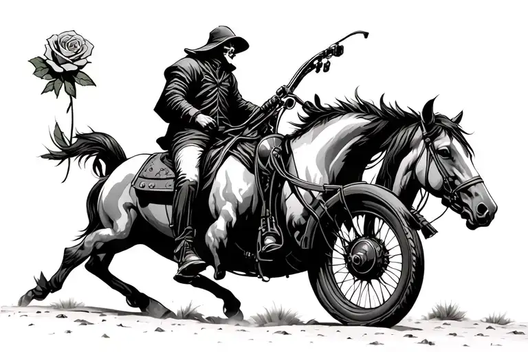 headless horseman riding a bronco and grim reaper riding motorcycle in desert while raining and two dead roses on path  tattoo design idea