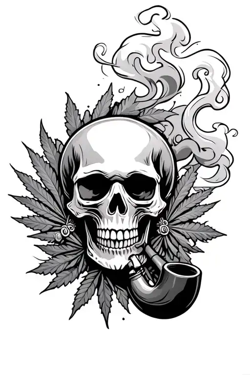 A skull smoking a ceremonial pipe, surrounded by swirling smoke and weed tattoo design idea