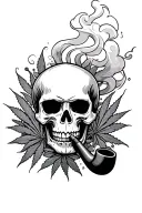 A skull smoking a ceremonial pipe, surrounded by swirling smoke and weed tattoo design idea