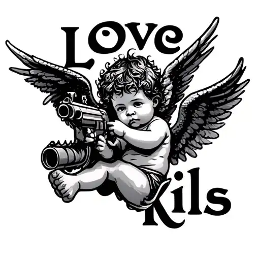 cupid baby holding a draco gun and the word in big text "Love Kills" and make cupid in the air using his wings tattoo design idea