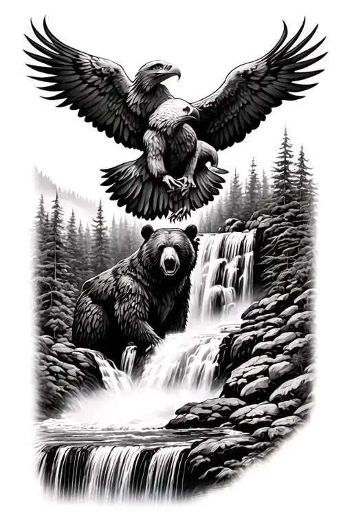 bear and eagle at waterfall surrounded by lush tattoo design idea