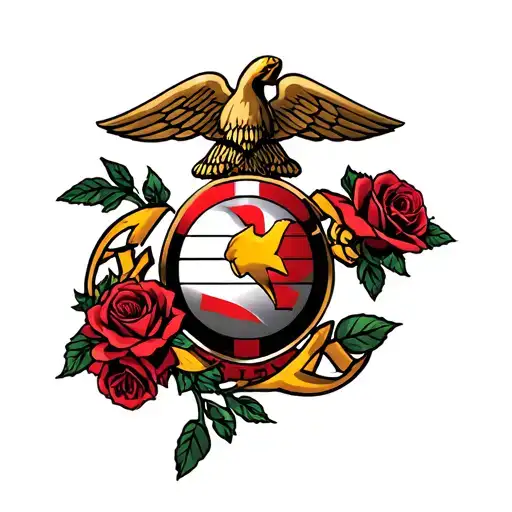 marine corps emblem surrounded by roses intertwined tattoo design idea
