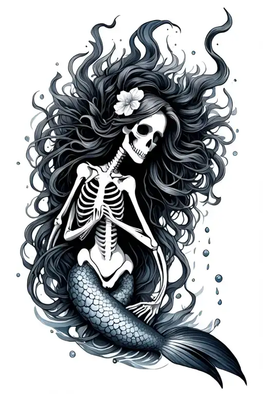 mermaid part skeleton part real with water element tattoo design idea