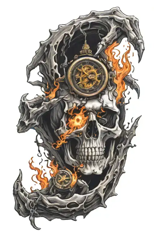 skull hand coming out of black hole holding a timepiece with fire all around it   tattoo design idea