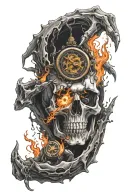 skull hand coming out of black hole holding a timepiece with fire all around it   tattoo design idea