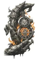 skull hand coming out of black hole holding a timepiece with fire all around it   tattoo design idea