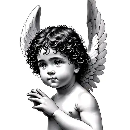 Realistic black and grey tattoo design of a young angel (cherub) with the face of a specific child (curly dark hair, lar tattoo design idea
