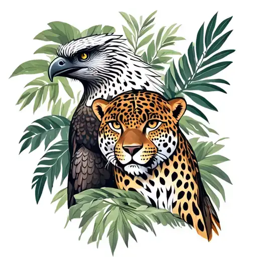 Harpy eagle and a Jaguar in a jungle  tattoo design idea