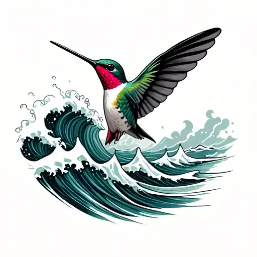 ruby throated hummingbird flying out of ocean wave tattoo design idea