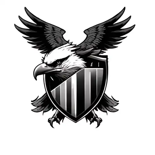 Please create a tattoo on the right chest/pec only. All encompassed in a shield. With the face of an eagle with a single tattoo design idea