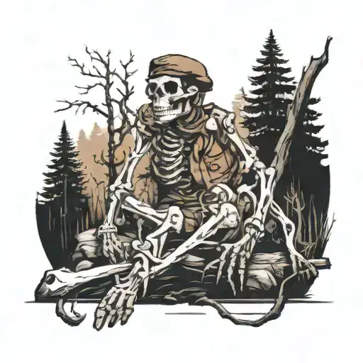 Lost skeleton with brown beret sitting on ruck in dark forest with lake tattoo design idea