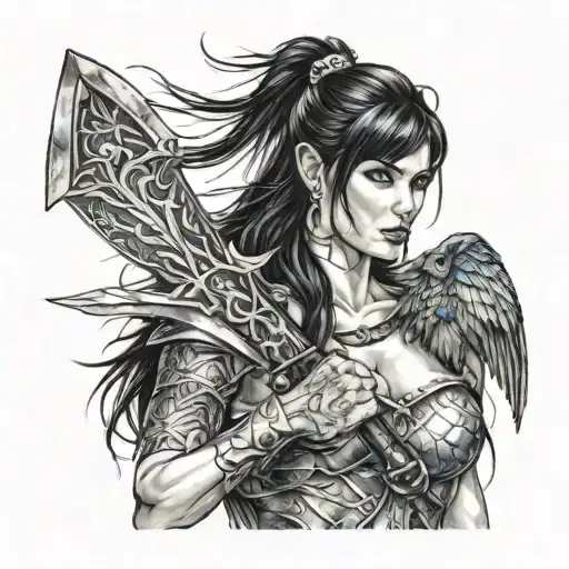 valkyrie, blue eyes, black hair, axe tattoo design idea