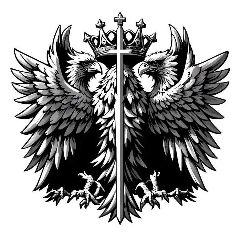 Double-headed eagle, Byzantine style, black & white line art, crown and cross, ornate wing decorations, symmetrical, tat tattoo design idea
