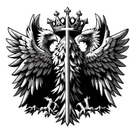Double-headed eagle, Byzantine style, black & white line art, crown and cross, ornate wing decorations, symmetrical, tat tattoo design idea