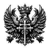 Double-headed eagle, Byzantine style, black & white line art, crown and cross, ornate wing decorations, symmetrical, tat tattoo design idea