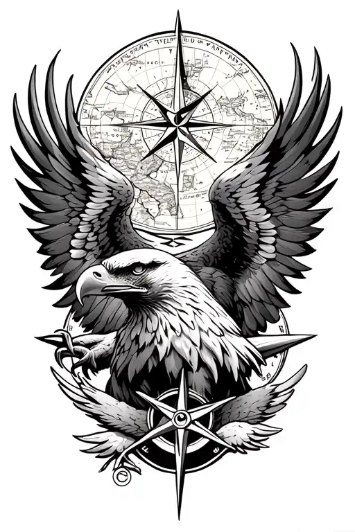 eagle with nautical map behind it and compass rose below it tattoo design idea
