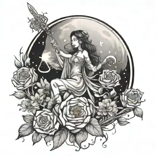 A mystical and dreamy portrayal of a girl with a scythe on the moon, surrounded by colorful flowers tattoo design idea