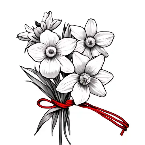 daffodil and cosmos flowers tied toghether with a red string tattoo design idea