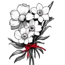 daffodil and cosmos flowers tied toghether with a red string tattoo design idea