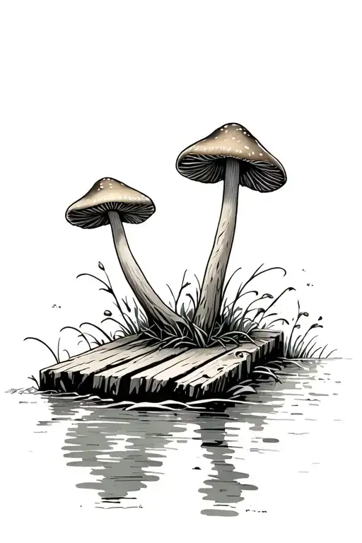 Two small mushrooms growing from a single broken wooden plank on a Fairhaven-style boardwalk stretching over calm water. tattoo design idea